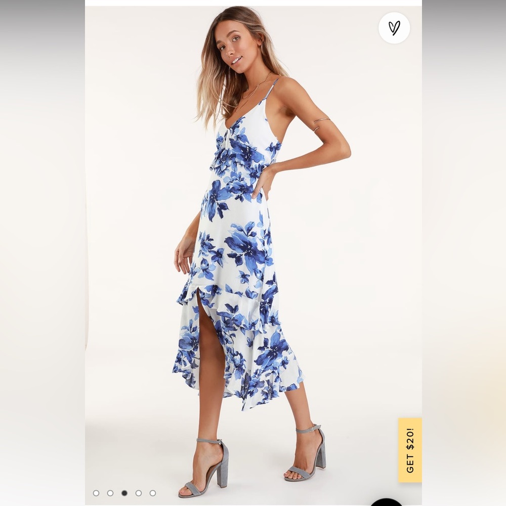 Island Time Blue and White Floral Print Ruffled Midi Dress